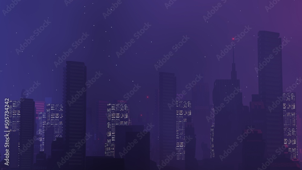 3d render of Cyber punk night city landscape concept. Light glowing on dark scene. Night life. Technology network for 5g. Beyond generation and futuristic of Sci-Fi Capital city and building scene.
