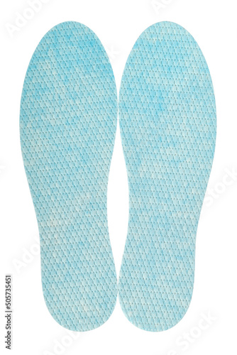 Pair of deodorized insoles close-up isolated on white background