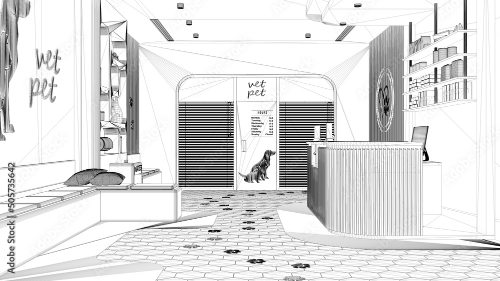 Blueprint project draft, veterinary clinic. Waiting room with sitting  benches and pillows, reception desk, entrance door with blinds, bookshelf,  terrazzo tiles, decor. Interior design Stock Illustration | Adobe Stock
