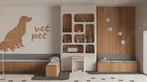 Veterinary hospital waiting room in white and wooden tones. Sitting room with benches and pillows, terrazzo tiles and carpet. Bookshelf with pet food and water cooler. Interior design photo