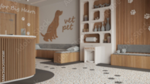 Blur background, veterinary clinic waiting room. Reception desk, sitting space with benches with pillows. Bookshelf and water cooler, shelves with pet food. Interior design concept