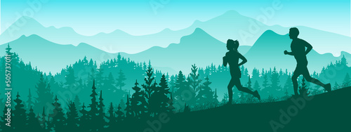 Silhouette of boy and girl jogging. Forest, meadow, mountains. Horizontal landscape banner. Violet illustration. 