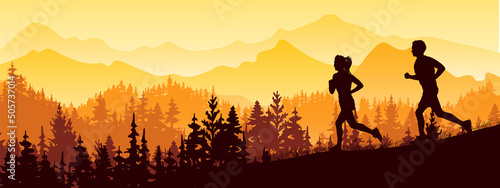 Silhouette of boy and girl jogging. Forest, meadow, mountains. Horizontal landscape banner. Orange and yellow illustration. 