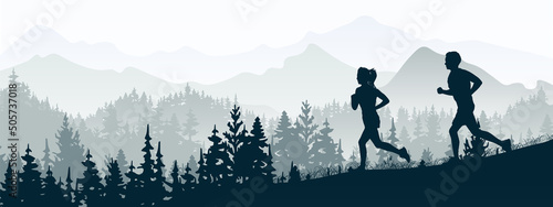 Silhouette of boy and girl jogging. Forest, meadow, mountains. Horizontal landscape banner. Gray illustration. 