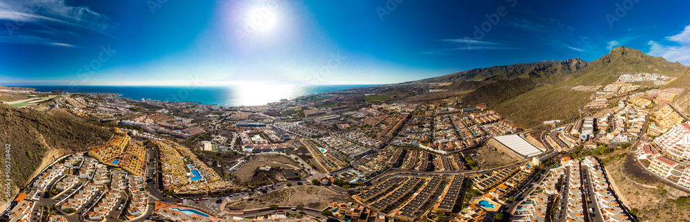 Aerial view with Las Americas beach at Costa Adeje, Tenerife, Canary