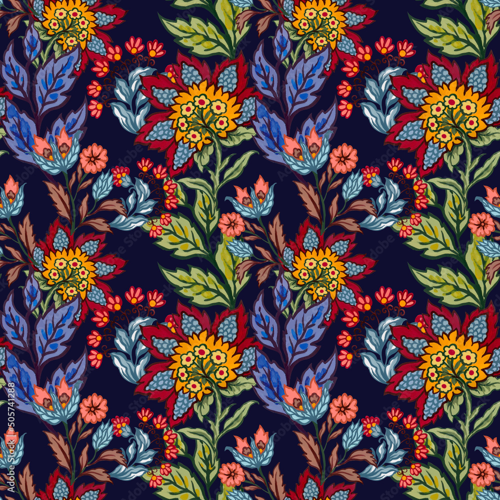Seamless pattern folk art backdrop botanical flowers, Scandinavian colorful floral design Retro blossom and foliage ornament, Scandi endless background Seamless pattern folk art backdrop botanical flowers, Scandinavian colorful floral design Retro blossom and foliage ornament, Scandi endless background