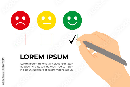 Flat drawing of a hand filling out a satisfaction survey. Icons of sad and happy faces representing customer satisfaction