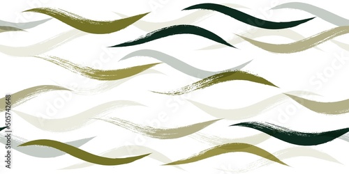 Seamless Wave Pattern, Hand drawn curve modern vector background. Wavy green brush stroke, curly grunge paint lines, watercolor illustration