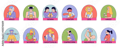 Zodiac signs of men with beer. Twelve funny astrological stickers with men in a pub.