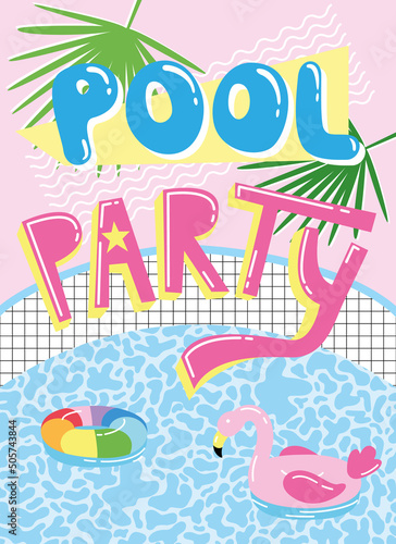 Invitation card template with cute cartoon pool float flamingo. Pool party illustration.