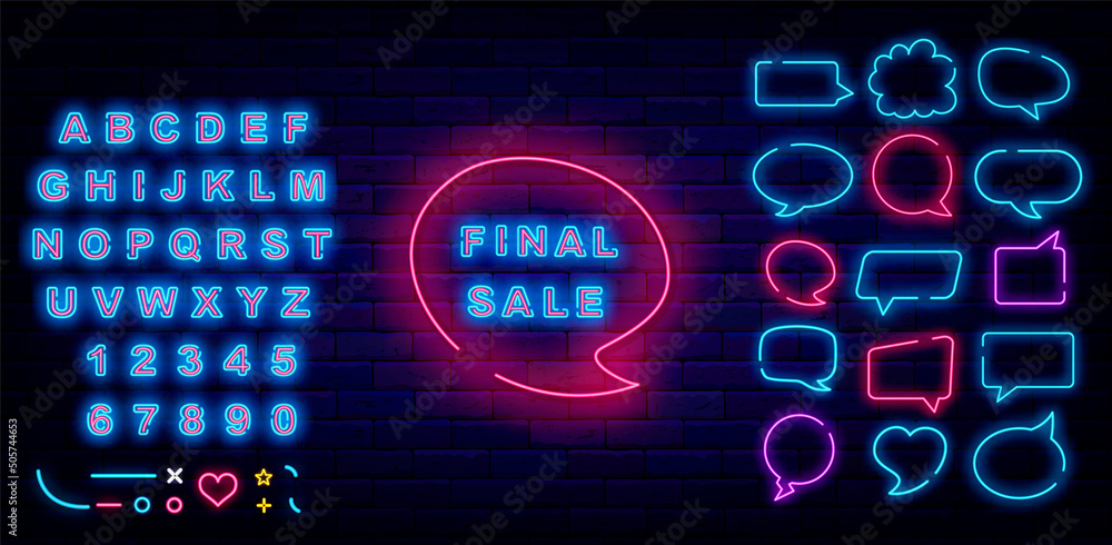 Final sale speech bubble neon sign. Special offer concept. Clouds collection. Shiny blue alphabet. Vector illustration Final sale speech bubble neon sign. Special offer concept. Clouds collection. Shiny blue alphabet. Vector illustration
