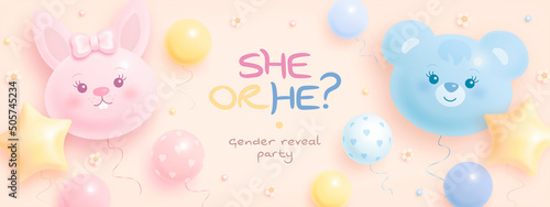 He or she. Cartoon gender reveal invitation template. Horizontal banner with helium balloons and flowers. Vector illustration