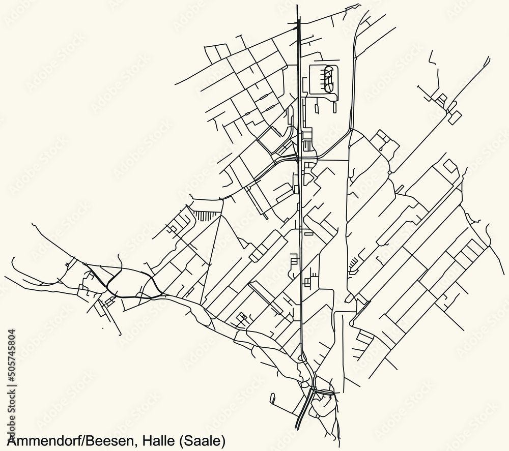 Detailed navigation black lines urban street roads map of the AMMENDORF BEESEN DISTRICT of the German regional capital city of Halle (Saale), Germany on vintage beige background Detailed navigation black lines urban street roads map of the AMMENDORF BEESEN DISTRICT of the German regional capital city of Halle (Saale), Germany on vintage beige background