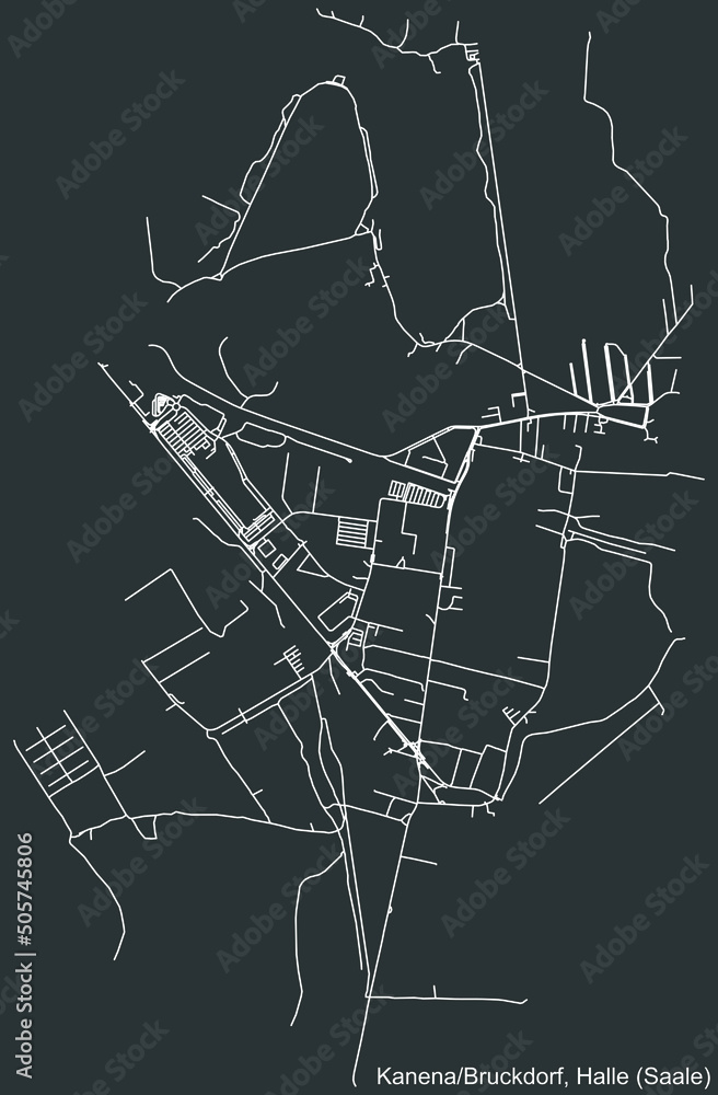 Detailed negative navigation white lines urban street roads map of the KANENA BRUCKDORF DISTRICT of the German regional capital city of Halle (Saale, Germany on dark gray background