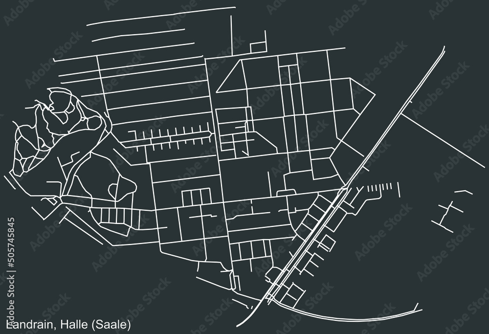 Detailed negative navigation white lines urban street roads map of the LANDRAIN DISTRICT of the German regional capital city of Halle (Saale, Germany on dark gray background Detailed negative navigation white lines urban street roads map of the LANDRAIN DISTRICT of the German regional capital city of Halle (Saale, Germany on dark gray background