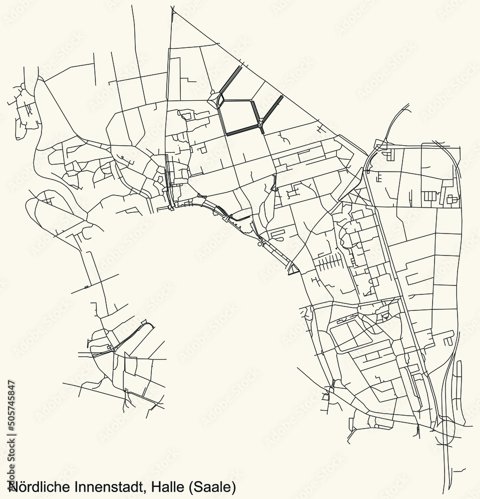 Detailed navigation black lines urban street roads map of the NÖRDLICHE INNENSTADT DISTRICT of the German regional capital city of Halle (Saale), Germany on vintage beige background