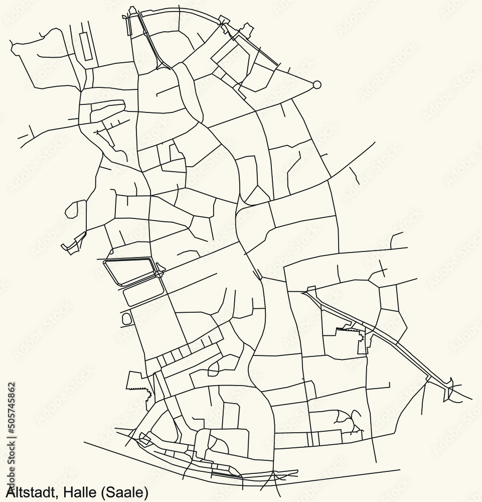Detailed navigation black lines urban street roads map of the ALTSTADT DISTRICT of the German regional capital city of Halle (Saale), Germany on vintage beige background