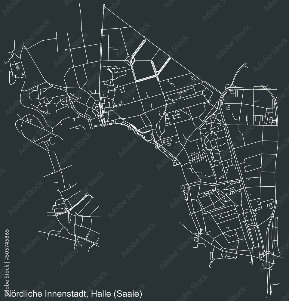 Detailed negative navigation white lines urban street roads map of the NÖRDLICHE INNENSTADT DISTRICT of the German regional capital city of Halle (Saale, Germany on dark gray background