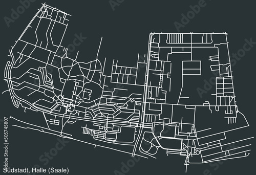 Detailed negative navigation white lines urban street roads map of the SÜDSTADT DISTRICT of the German regional capital city of Halle (Saale, Germany on dark gray background