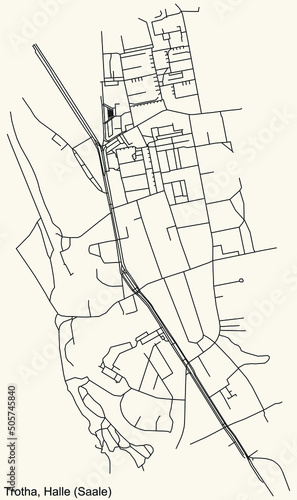 Detailed navigation black lines urban street roads map of the TROTHA DISTRICT of the German regional capital city of Halle  Saale   Germany on vintage beige background