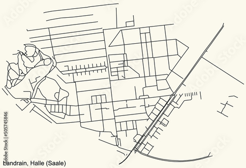 Detailed navigation black lines urban street roads map of the LANDRAIN DISTRICT of the German regional capital city of Halle (Saale), Germany on vintage beige background