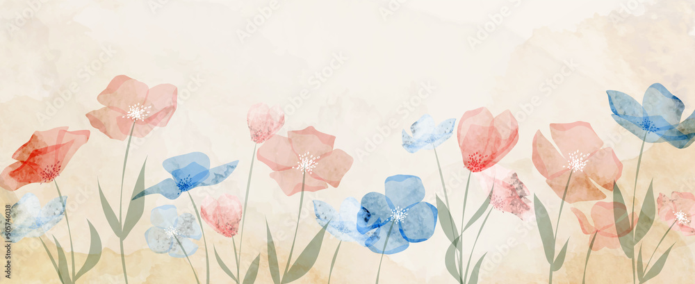 Abstract watercolor background in pink and blue tones with a bouquet of flowers. Luxury art banner for interior design, packaging, decor, print Abstract watercolor background in pink and blue tones with a bouquet of flowers. Luxury art banner for interior design, packaging, decor, print