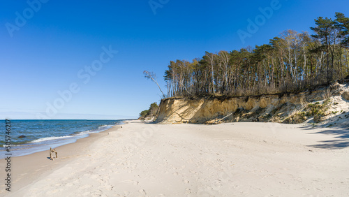 Empty beach on the Baltic Sea, dunes and high cliffs..