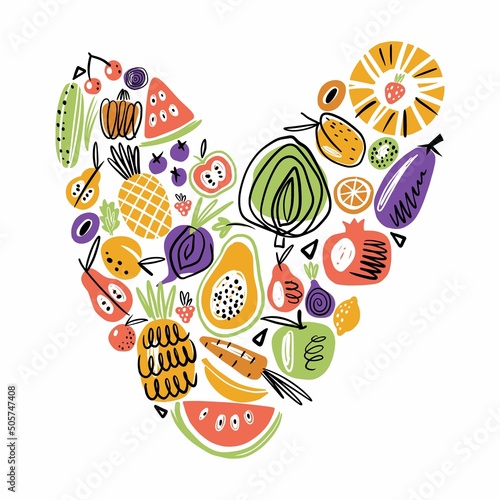 Vector collection of vegetables and fruits. Scandinavian style of hand-drawn food products.