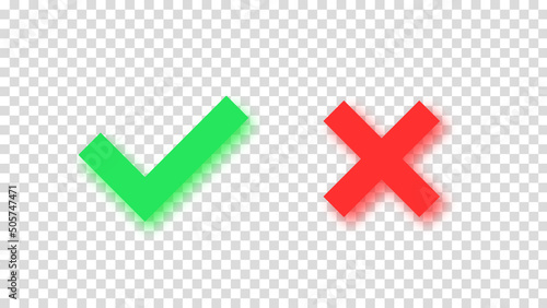 Check mark approval green mark icon red cross cancel mark isolated on transparent background with shadows. Check button, approve or deny, cancel. Yes or no vector icon