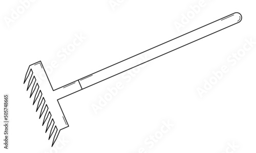 Hand drawn rake for gardening. Tool for cultivating soil and collecting leaves. Doodle style. Vector