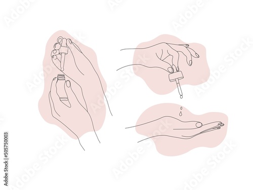 Set of female hands with pipette of moisturizing serum isolated on white background. Caring for health and youth. Vector hand drawn line of hands and pink spots art illustration. Skin care concept.