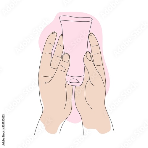 female hands with tube of hand cream and moisturizer isolated on white background. Vector hand drawn lines and pink spots art illustration. Skin care concept. For banners, advertising, emblems