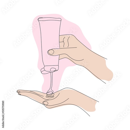 female hands with moisturizing hand cream isolated on white background. Vector hand drawn lines and pink spots art illustration. Skin care concept. For banners, advertising, emblems