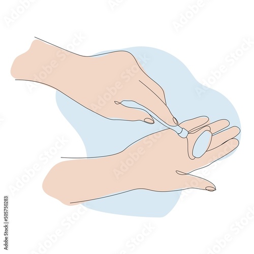 beautiful female hands holding gua sha massager isolated on white background. Vector hand drawn line art of hands and blue delicate spots illustration. Facial care concept.