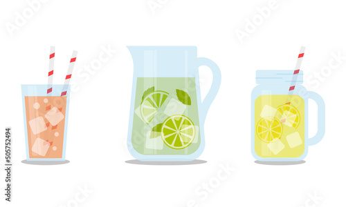 Set of summer drinks in glass and jars isolated on white background. Flat vector illustration.