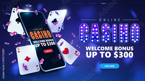 Online casino, banner for website with button, smartphone, poker chips and playing cards in blue scene
