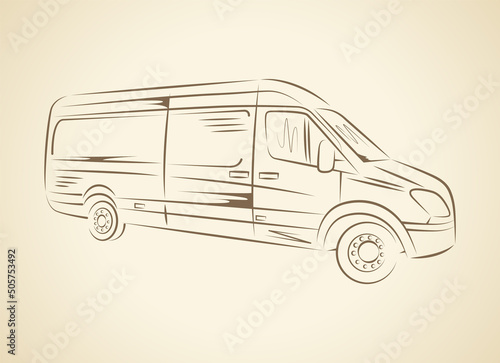 Mini bus for delivery company. Freehand outline ink drawn picture icon sketchy in scribble retro style pen on paper.