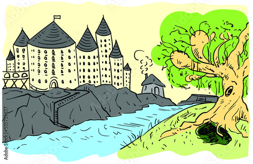 Fairytale castle, weeping willow and burrow, a small house by the river. Easy sketch, color illustration to the book. Medieval settlement, village.