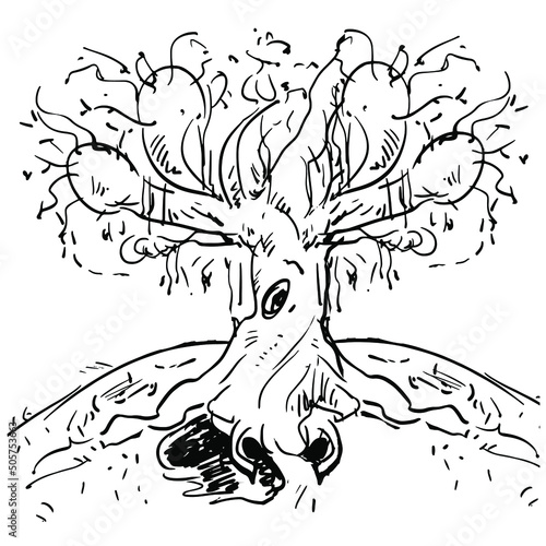 Sketch of a tree with fallen leaves, burrow. Weeping willow, fabulous monochrome landscape on a white background, illustration to the books.