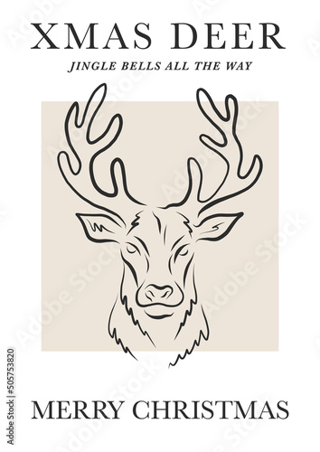 Vintage reindeer winter forest animal linear minimalistic collage vector illustration. Jingle bells all the way lyrics. Merry Christmas greeting postcard with deer for Xmas holiday season gift ideas. photo