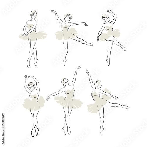 Classic ballet graceful ballerina in gentle grey tutu dance moves pirouette plie vector illustration set isolated on white. Minimalistic line art female ballet dancer choreography print collection. 