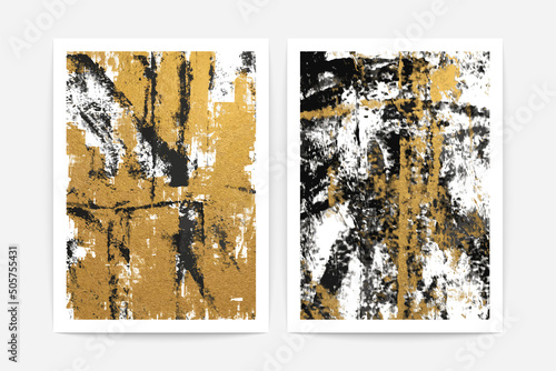 Abstract minimalist posters. Modern geometry chaotic painted prints golden texture, contemporary wall art. Vector set