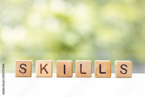 Skills - word is written on wooden cubes on a green summer background. Close-up of wooden elements.