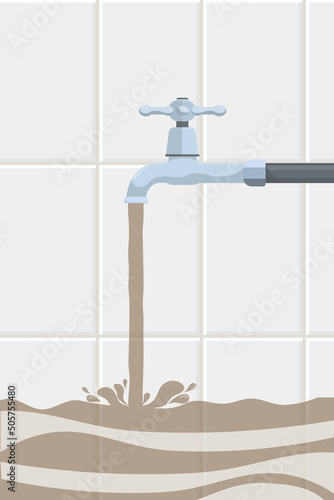 dirty water is poured in the bathtub with tiles on the wall from the water tap