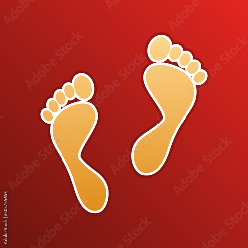 Foot prints sign. Golden gradient Icon with contours on redish Background. Illustration.