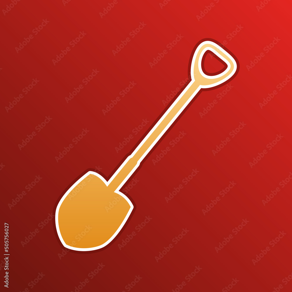 Shovel to work in the garden. Golden gradient Icon with contours on redish Background. Illustration. Shovel to work in the garden. Golden gradient Icon with contours on redish Background. Illustration.