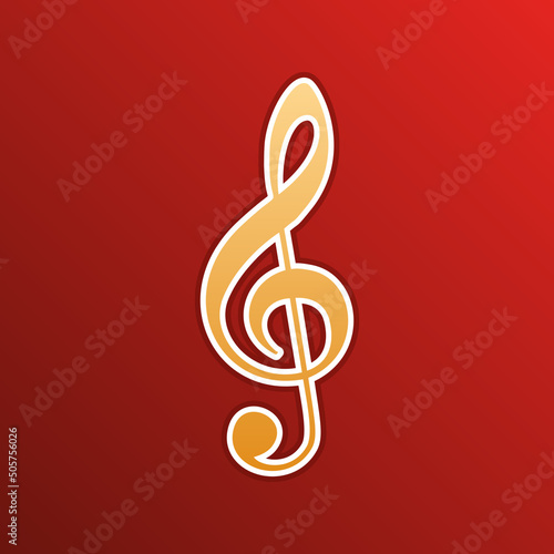Music violin clef sign. G-clef. Treble clef. Golden gradient Icon with contours on redish Background. Illustration.
