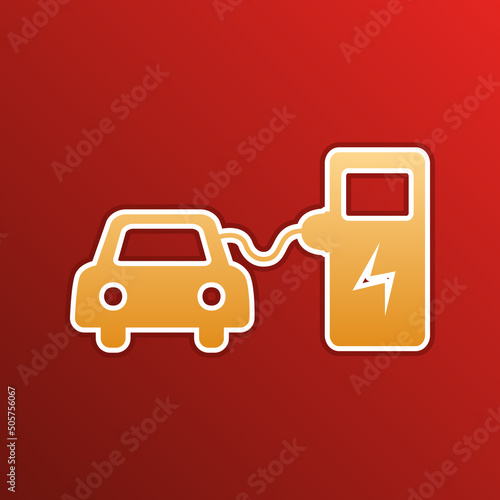 Electric car battery charging sign. Golden gradient Icon with contours on redish Background. Illustration.