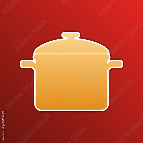 Cooking pan sign. Golden gradient Icon with contours on redish Background. Illustration.