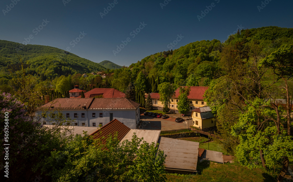 Sklene Teplice spa village in central Slovakia with sunny fresh morning